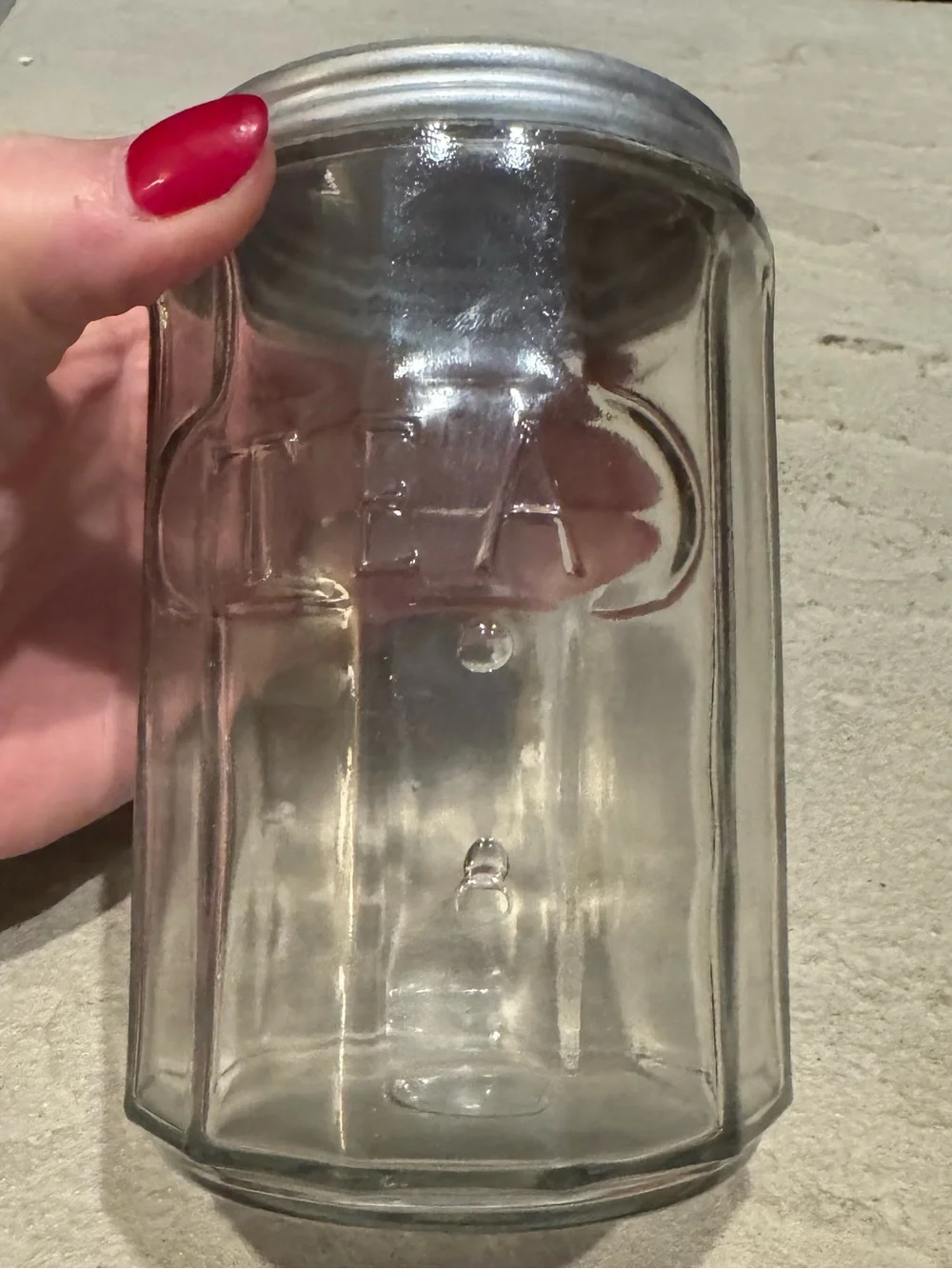 Antique 1920s-1930’s Hoosier Style Glass Tea Canister Jar Aluminum Lid 5” Tall